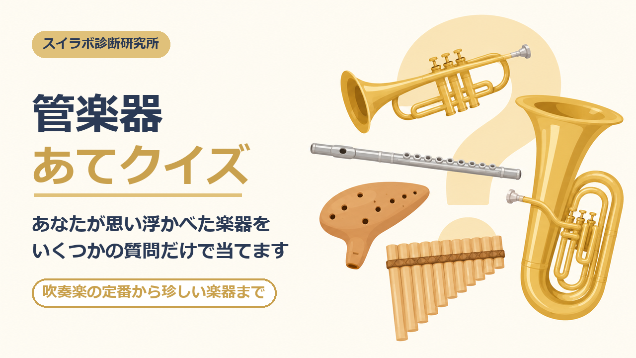 管楽器あてクイズのアイキャッチ。トランペット、フルート、チューバ、オカリナ、パンフルートのイラストと大きなクエスチョンマーク