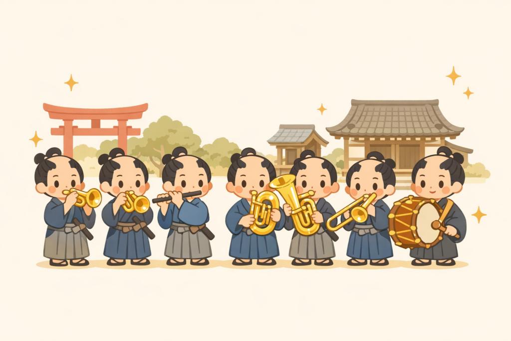1870年ごろ横浜のお寺の境内で西洋の軍楽を練習した薩摩バンド（軍楽伝習生）を、歴史記録にもとづいて描いたイメージイラスト