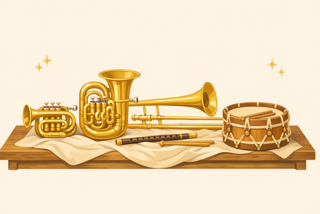 1870年ごろにロンドンから届いた金管楽器と横笛・太鼓を並べたイメージイラスト
