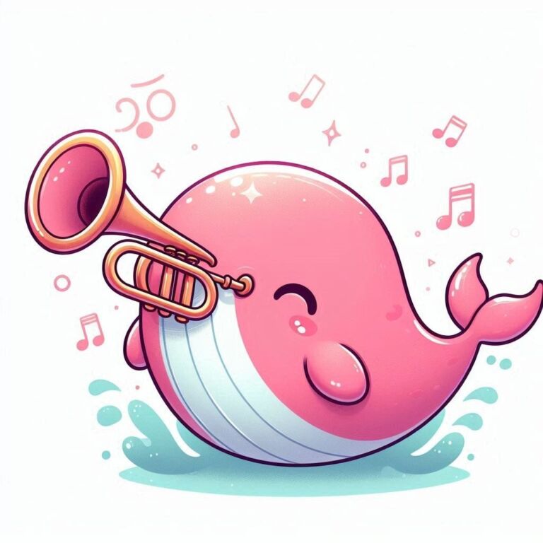 杉並くじら音楽団のマスコット。トランペットを吹くピンクのくじらのイラスト