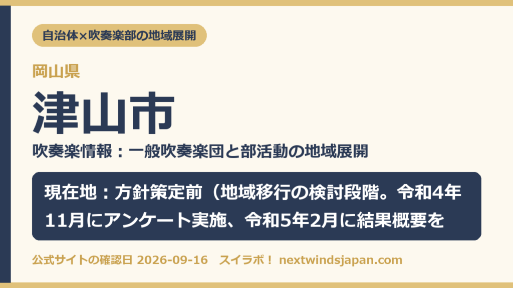 岡山県津山市の中学校部活動 地域展開の現在地カード（スイラボ編集部作成）