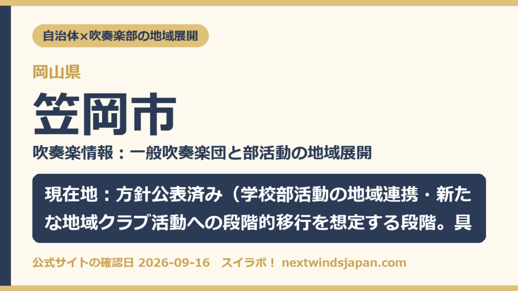 岡山県笠岡市の中学校部活動 地域展開の現在地カード（スイラボ編集部作成）