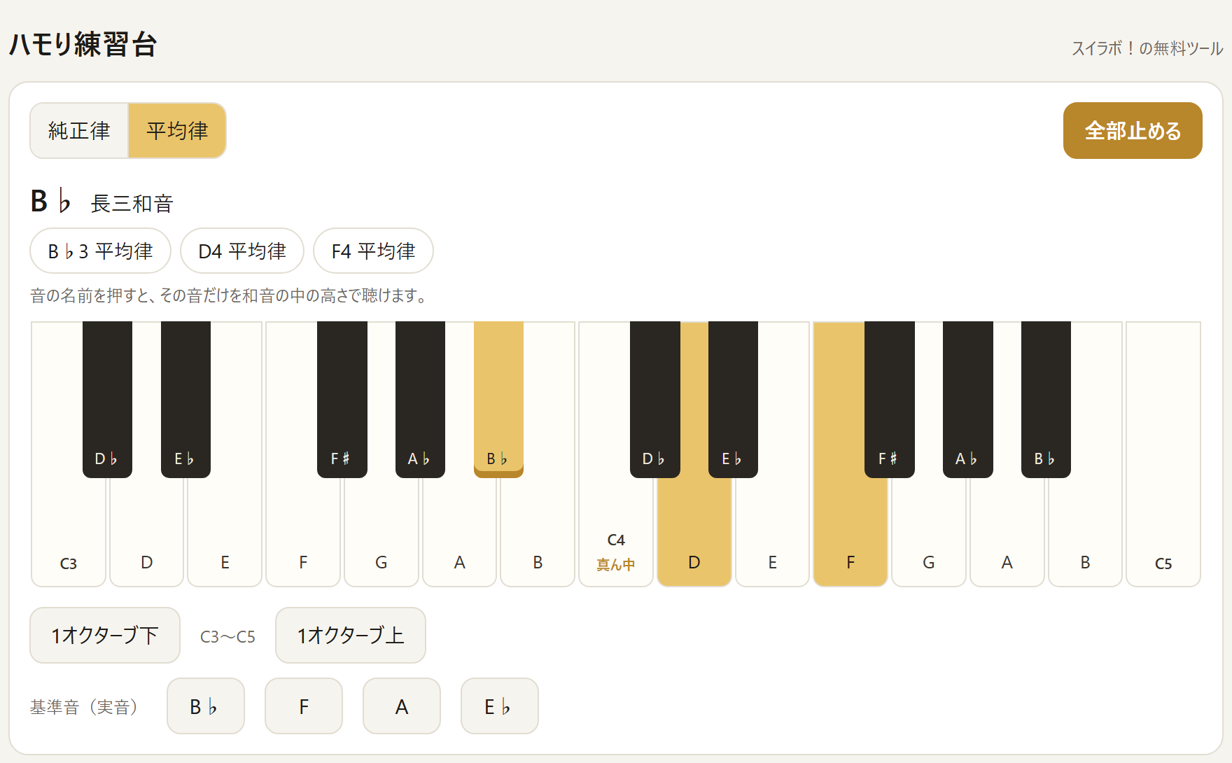 同じB♭の和音を平均律で鳴らした画面