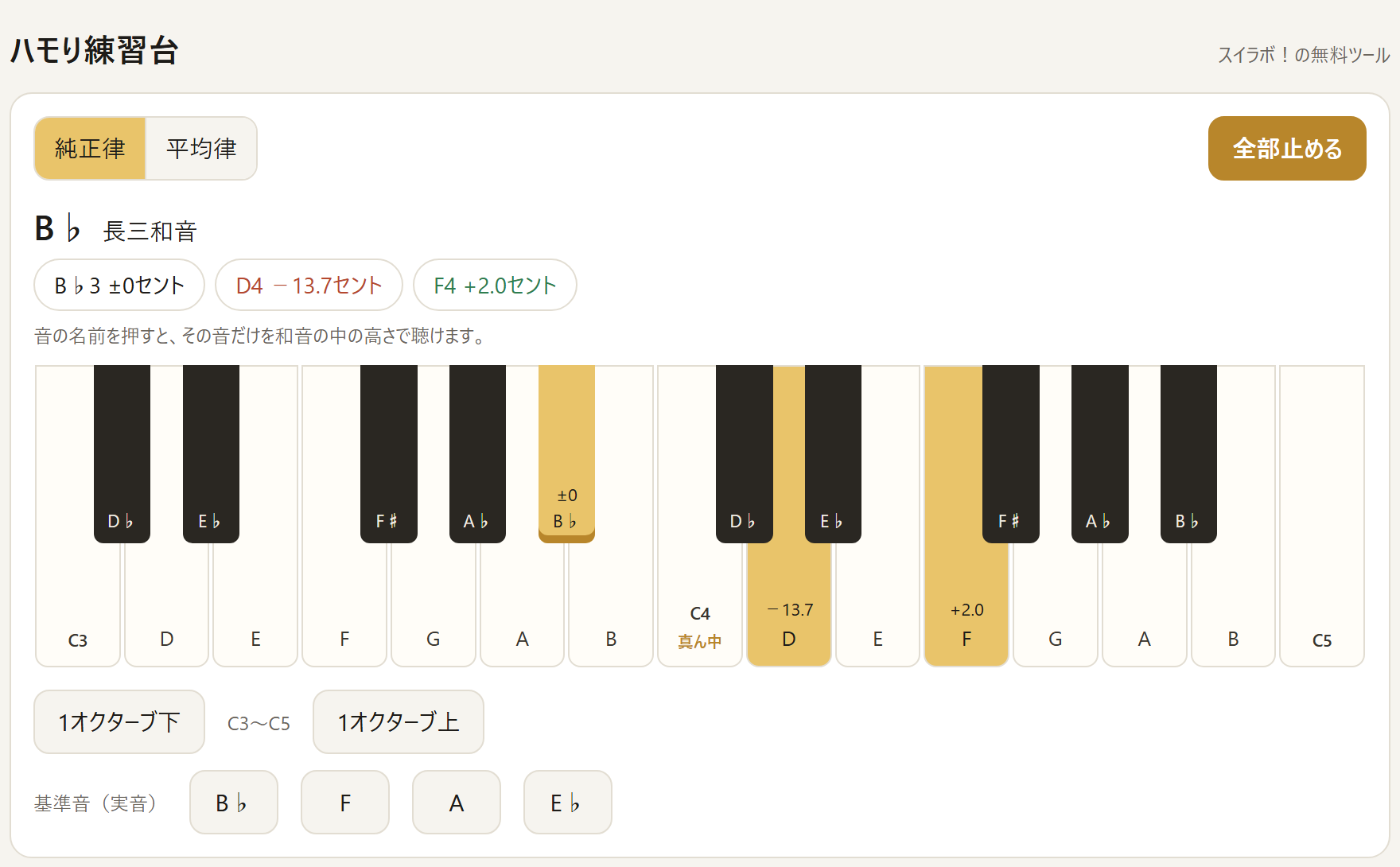 ハモり練習台でB♭の和音を純正律で鳴らした画面